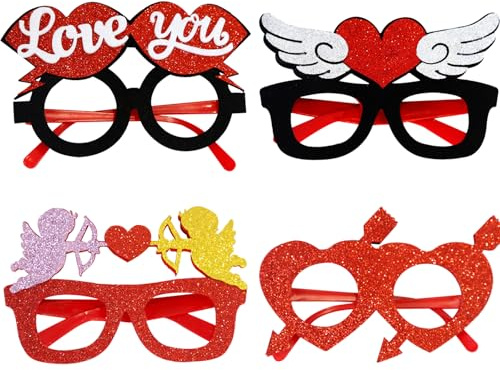 Ovanda 4 Stück Valentinstag Partybrillen, Liebe Herz Brille,Amor KostüM Brille,Herz Gläser,Love Shaped Glasses,Lustige Neuheit Valentinstag Glasses,Kreative Valentinstags Party Zubehör,Foto Requisiten