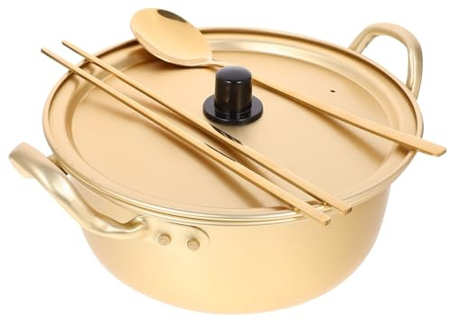 NUOBESTY Korean Ramen Pot Set 18Cm Deep Aluminum Double Handled Instant Noodle Pot with Gold Chopsticks and Spoon for Soup
