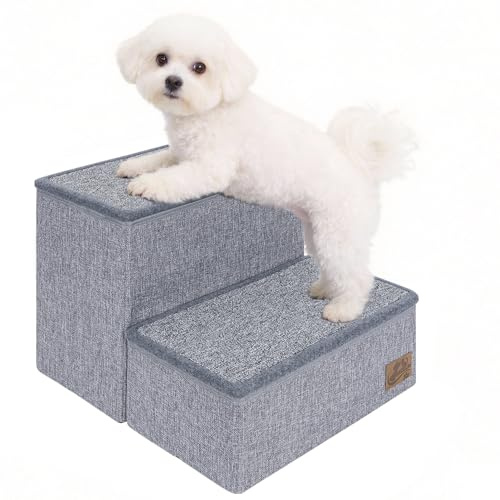 AKOZLIN Foldable Dog Stairs 2-Step with Storage, Non-Slip, Extra Wide, Grey | Extra Wide, Holds Up to 60Kg, For Sofa/Couch/High Bed, Grey