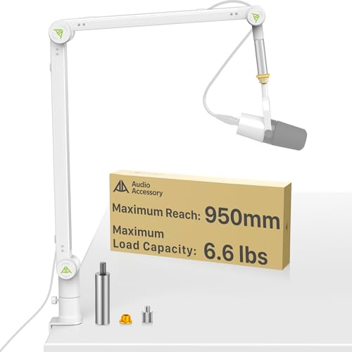 AA AUDIO ACCESSORY White Mic Boom Arm (Design for Heavy Mic) 3KG Load Capacity, 950mm Reach, Gear Lock Design, Suspension Scissor Microphone Stand Desk Mount for Shure SM7B MV7, Blue Yeti, Rode PodMic