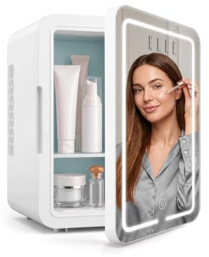 ELLE Mini-Kühlschrank mit LED-Make-up-Spiegel für Hautpflege & Kosmetik-Aufbewahrung, Kühler & Wärmer abnehmbares Regal, Tragegriff, Wechselstrom, DC, Stromversorgungsoptionen, kleiner Kühlschrank für