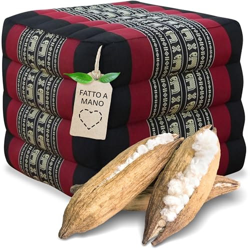 livasia Würfelkissen quadratisch - 40x40x40cm - Sitzhocker mit organischem Kapok, Sitzpouf, Lagerungswürfel viereckig, Bodenkissen Hocker Fußbank Fußhocker handgefertigt (Schwarz/Elefanten)