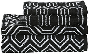 DONE 1 Serviette Invité + 1 Serviette de toilette + 1 Drap de douche + 1 Tapis de Bain Ethno - Noir & Blanc