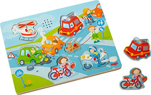 HABA 303180 - Sound-Greifpuzzle In der Stadt , Kinderpuzzle ab 2 Jahren mit spannenden Stadtmotiven , Typische Stadtgeräusche sorgen für extra Spaß