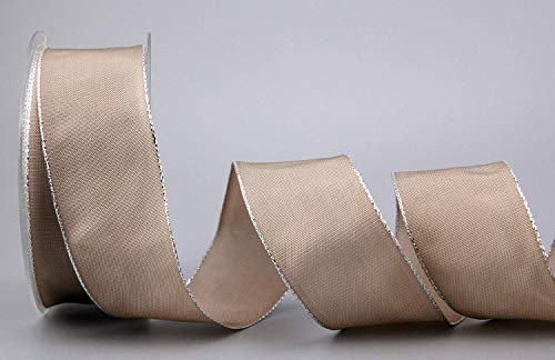 25 m x 40 mm Dekoband Fairy Tale TAUPE SILBER Drahtkantenband mit Lurex Metallgarn Schleifenband Goldkante Silberkante Geschenkband Weihnachten Stoffband Metallic glänzend