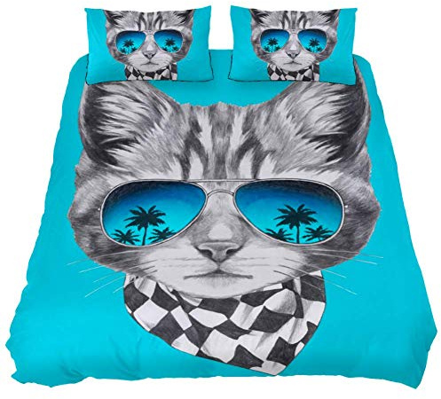 Eslifey Cat With Mirror Sunglasses Hawaii Palm Tree And Scarf Duvet Cover 3 Pieces King Size Comforter 102 by 90 inches Bed Set with Two Pillowcases