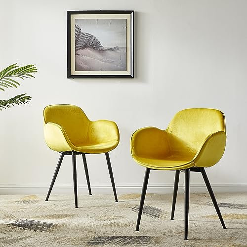 LeChamp Moderner Esszimmerstuhl mit Samtakzenten, Wohnzimmerstuhl mit Metallbeinen, gepolsterter Sessel für Küche, Schlafzimmer, Club, Gästeempfang, Freizeitstuhl, Gelb, 2 Stück