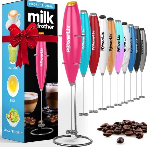 PowerLix Milk Frother Handheld Whisk - Electric Milk Frother Foamer with Stainless Steel Stand,15-20s, Powerful 19000rpm, Mini Drink Mixer Coffee Frother for Latte, Cappuccino, Hot Chocolate