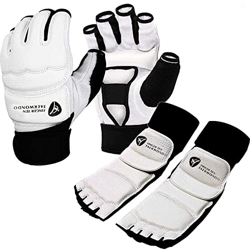 Taekwondo Sparring Set Gloves Hand Foot Protector for Men Women, Taekwondo Sparring Gear Adult Children for Martial Arts Punch Bag Kickboxing Foot Guards Karate Training Boxing (White, S)