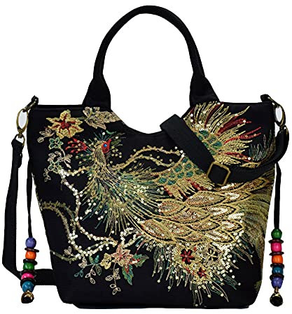 GUOCU Damen Chic Handtasche Umhängetaschen Ethnisch Pfau mit Pailletten bestickt Doppelseitig Handtasche Tote Schultertasche Handgefertigt mit Blumen Einkaufs Tasche aus Canvas Schwarz one size