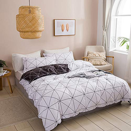 OPOWWEE Bettwäsche Set 155x220cm Weiß Schwarz mit Muster Bettwäsche Kariert Weisse Bettüberzug 100% Weiche Angenehme Mikrofaser + 1 Kissenbezug 80x80cm