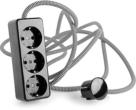 3-Fach Steckdosenleiste aus Duroplast (Bakelit-Optik) schwarz, mit 10 Meter Textilkabel Zuleitung, Schwarz-Weiß