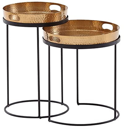 FineBuy Beistelltisch 2er Set Metall Hammerschlag Satztisch Rund, Couchtisch abnehmbares Tablett, Tabletttisch Sofa 2 teilig Modern, Runder Sofatisch