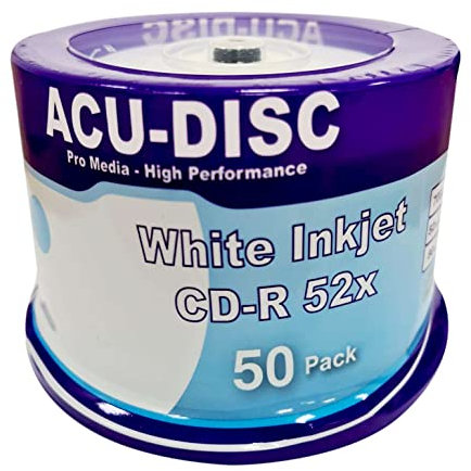 ACU-DISC CD-R Blank 52x 700MB 80 Minutes CD Full Face White Hub Inkjet Printable - 50 Pack Cake Box