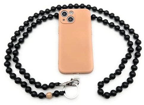 Nedimoo Handykette aus Holzperlen, Universal, Kette, Schlüsselband, Necklace, Lanyard. das Handyband zum Umhängen ist kompatibel mit jedem Handy wie Apple iPhone, Samsung, Xiaomi (Schwarz)