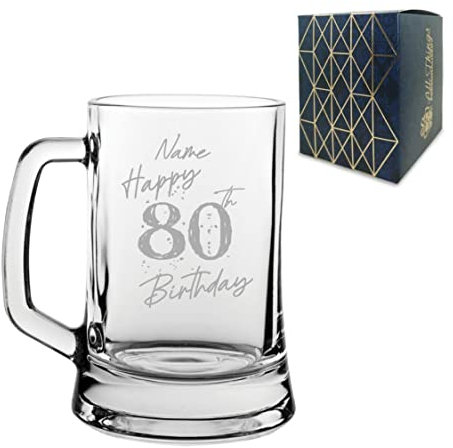 Personalised Engraved Tankard Beer Mug Stein Happy 80th Birthday Speckled Design Gift Boxed, 16.75oz/495ml Classic Beer Glass, Any Name, Engraved in The UK
