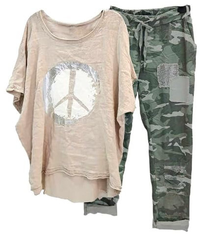Onsoyours Damen Casual Zweiteiler Trainingsanzug 3/4 Arm Shirt Hohe Taille Lange Hosen Set Trendy Sommer Loungewear Streetwear Anzüge A Aprikose L