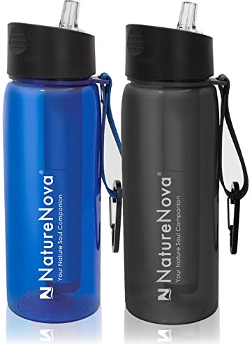 Naturenova Lot de 2 bouteilles filtrantes à eau avec paille intégrée en 4 étapes sans BPA pour camping, randonnée, urgence et voyage, noir/bleu, 650 ml