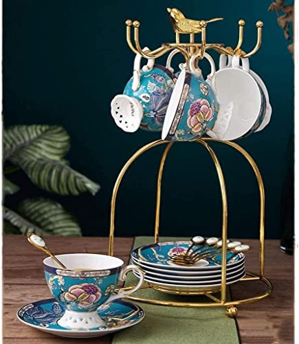 Taza, tazas de té de China, taza de café Taza y platillo de café de porcelana de hueso de lujo con portavasos Juego de tazas de té de la tarde en inglés creativo de alta gama 6 piezas de flor de cerám