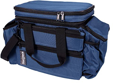 DocCheck Doc Pack Arzttasche – viel Platz, 3-Fach gegen Nässe versiegelt, Mit Ampullarium, Handytasche, Dokumententasche (A5), Front- und Seitentaschen, Schultergurt, 40x21x28 cm (Marineblau)