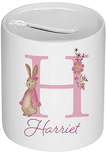 Girls Personalised Money Box,Flopsy Rabbit Bunny Baby gift, Girl's Initial Money Bank, Baby Christening Piggy Bank, Savings Pot