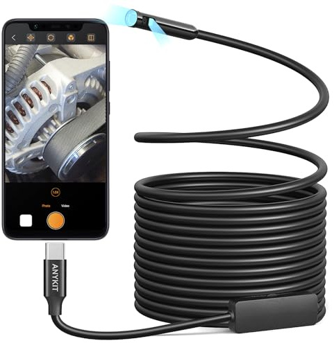 Anykit Dual Lens Endoscope Camera, Type-C Borescope with 8 Adjustable LED Lights, IP67 Waterproof 16.5ft Semi-Rigid Snake Cord Inspection Camera Compatible with Type C iPhone 15 & Android Phone