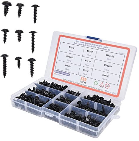 380Pcs Tapping Screws, Self Tapping Screws Kit M3 M3.5 M4 M5 Black Carbon Steel Round Head Self Drilling Screw Truss Head Screws Cross Screw Assortment Kit for Mechanical Maintenance