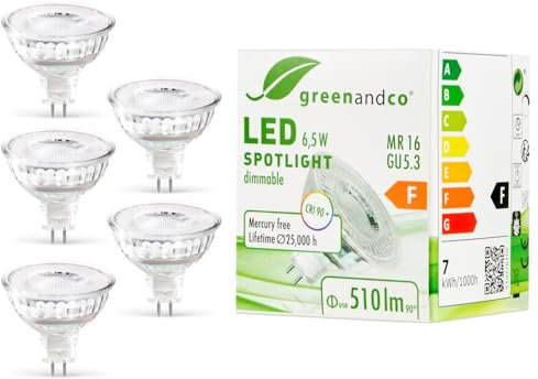 greenandco 5x MR16 GU5.3 | dimmbar | ersetzt 45W | warmweiß 3000K | CRI 90+ | 6,5W 510 lm | 38° | flimmerfrei | COB LED Spot | 12V AC/DC