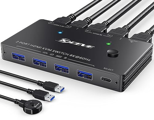 8K USB 3.0 KVM Switch HDMI 8K@60Hz 4K@120Hz,MLEEDA HDMI 2.1 KVM-Switches für 2 PC teilen 1 Monitor und Tastatur Maus Drucker, HDCP 2.3, HDR 10, mit Kabelfernbedienung und 2 USB3.0-Kabeln