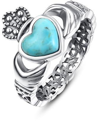 BONLAVIE Claddagh Türkis Ring, Irisch Keltischer Knoten Ring, Herz Blaues Türkis Ring, Silberringe Damen 925, Ringe Frauen
