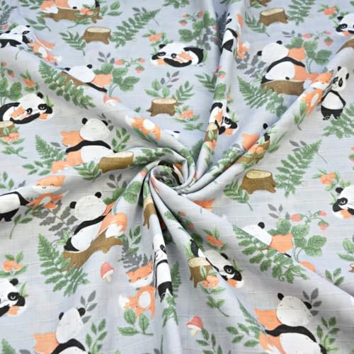 Textrend Baumwollstoff als Meterware - Baumwollmusselin - Stoff zum Nähen - 100% Baumwolle - Textilien 1x1,6m - Animalische Muster (Panda mit Fuchs auf grauem Hintergrund)