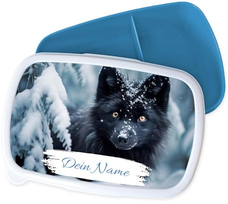 GRAZDesign Personalisierte Kinder Brotdose Wolf Schwarz mit Namen für Jungen und Mädchen Geschenk zur Einschulung Weihnachten - blau