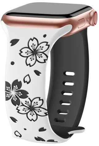 AMSKY Flower Band Kompatibel mit Apple Watch Armband 40mm 46mm 41mm 38mm 42mm 45mm 44mm Damen, Graviert Silikon Armbänder mit Blumen Floral Muster Kompatibel mit iWatch Armband Se 10 9 8 7 6 5 4 3 2 1