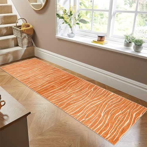 Siunwdiy Teppich Läufer Flur Küche rutschfest Waschbar orange Farbe Küchenläufer Lang Gestreifter Korridor -Teppichläufer Flurteppich Küchenteppich Meterware Anpassbar,Orange,110x180cm