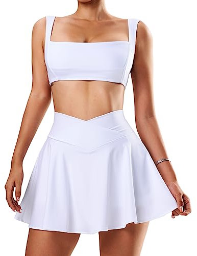 Navneet Tennisrock Zweiteiler Damen Rock und Top Sommer Outfits 2 Teiler Two Piece Set Tank Top Gym Set Sportset Rock und Oberteil Set Weiß XS