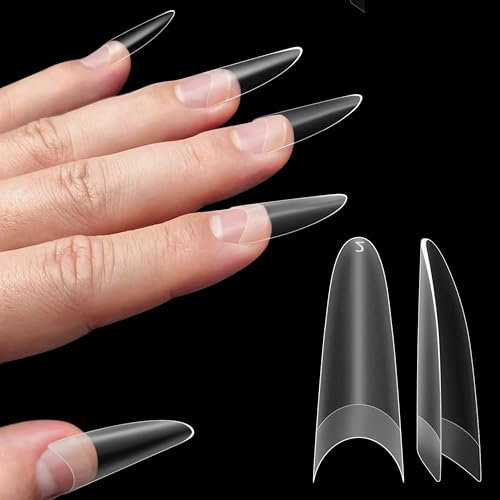 NOVO OVO Lot de 320 faux ongles ovales russes en forme d'amande - Gel souple en acrylique - Pour manucure russe - Bords sculptés 3D - Extra longs - XL XXL - Double mat - Pointe française pré-limée -