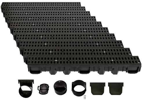 ScarMaxx - Set di grondaie di drenaggio A15 - Grondaia - Scarico dell'Acqua piovana - Scarico con griglia - Canale di drenaggio - Piatto - Plastica - Altezza 115 mm - con Stegrost Classic Nero - 10 m