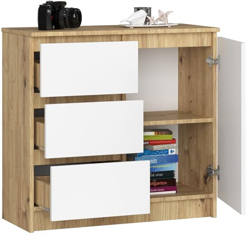 BDW - Kommode mit 3 Schubladen und 1 Tür - 80 cm breit, 77 cm hoch - Schrank, Sideboard, Mehrzweck-, Schuhschrank, Schubladenkommode, Aktenschrank - Wohn-, Schlafzimmer, Flur - Eiche Artisan/Weiss