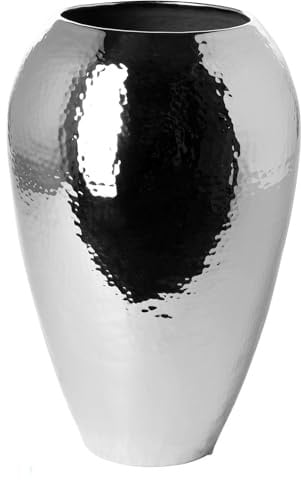 Fink Elegante hohe Blumenvase 26 cm silbern gehämmerte Eisen Vase im bauchigen Design