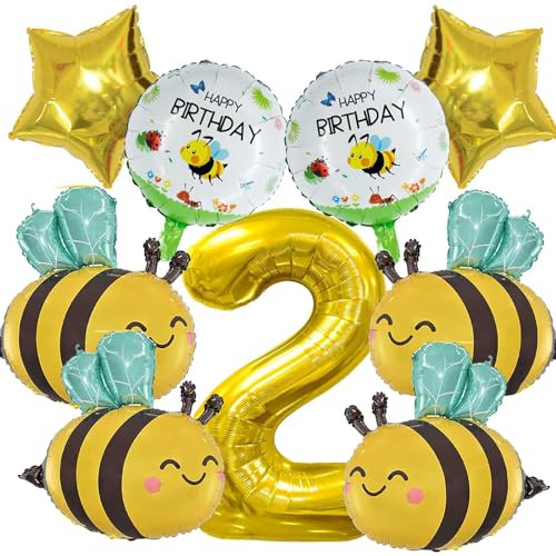 DGUSO Bienen Geburtsta Ballons 9 Stück Bienen Deko Luftballons Gelb, Süße Biene Folienballon Bienen Luftballon Zahlen-Ballon Zahl 2 Luftballon für Hochzeit Baby Dusche Party Deko