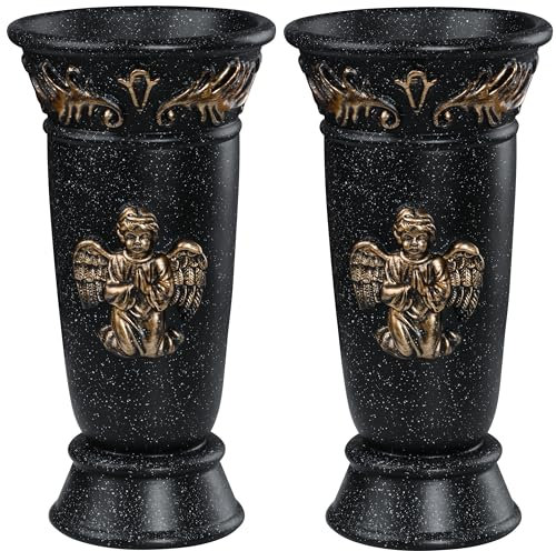 Friedhofs-Grabvase, Kunstharz-Engel-Gedenkvase, Friedhofs-Blumenhalter mit Metallspikes und Abtropffoch, für Friedhofssteine, Grabsteine, Grabschmuck, Grabdekorationen (2, Schwarz)