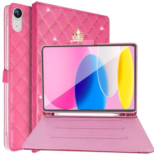 Changjia for iPad (A16) 11th Gen 11 Inch 2025/iPad 10th Generation 10.9 2022 Case with Pencil Holder,Cute Crown Diamond Elegant PU Leather Auto Sleep/Wake Stand Protective Case for iPad 11th,Hot Pink