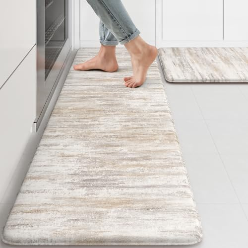 KIMODE Anti Fatigue Kitchen Mats for Floor 2 Piece, Cushioned Abstract Kitchen Rugs,Memory Foam Kitchen Floor Mats, Standing Desk Mats for Laundry, Office, Sink Light Brown Multi 17x47+17x29