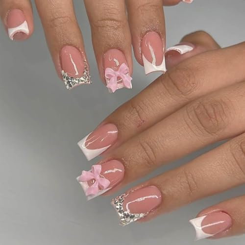 Aikeis 24 pcs Rose Arc Diamant Français Manucure Comprimés Carré Presse Ongles Strass Design Nude Rose Faux Ongles Couverture Complète Colle Manucure
