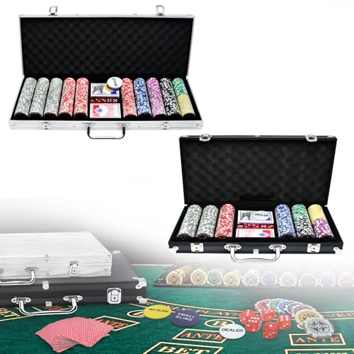 Froadp Pokerset Profi 500 Laser Pokerchips Pokerkoffer Pokerspiel mit Aluminium Gehäuse Poker Komplett Set inkl. 2X Pokerdecks, 3X Dealer Button, 5X Würfeln, 2X Schlüssel, Silber