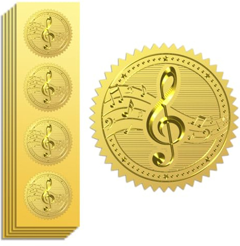Peacoblue Goldfolien Sticker,Musiknote Siegel Aufkleber Gold | 100 Stück selbstklebende Prägesiegel 5cm, Elegante Aufkleber für Urkunden, Umschläge, Auszeichnungen und Belohnungen