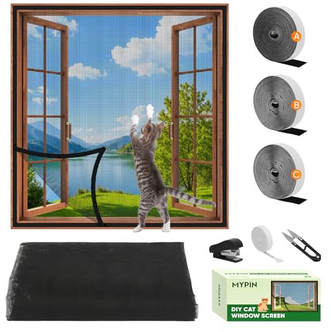 MYPIN Self-Adhesive Cat Window Guard Screen, Reinforced Mesh with Ruler/Knife/Stapler, DIY Cat-Proof Protection up to 51x59, Flat Window Nets to Keep Cats Safe Indoors