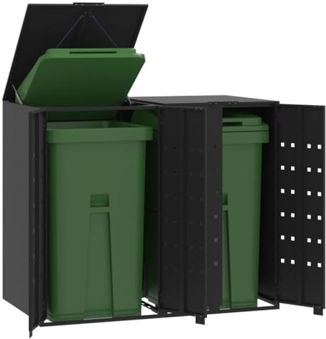Brokky Wheelie Bin Storage for 2 Bins Black 138x79x117 cm Steel,Garden Wheelie Bin Hideaway Waste Bin,Storage Shed w/Locking Doors Assisted lift up Lid easy use Outdoor Hygienic Dustbin Unit Cover Ste