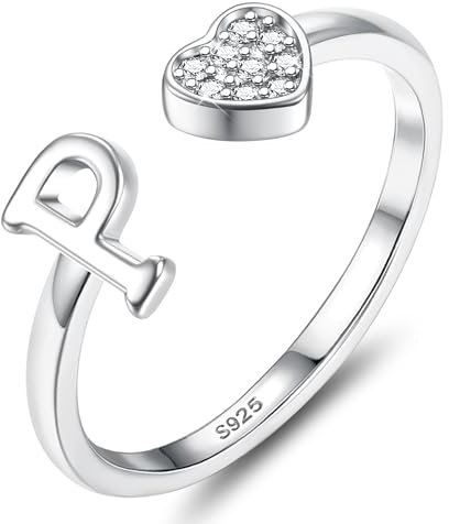 JeweBella Herz Ring Silber 925 Damen mit Buchstaben Verstellbar Ringe Frauen Stapeln Daumenring Fingerring Eheringe Engagement Promise Ring Verlobungsring Initiale A-Z Ring Damen Mädchen mit Box