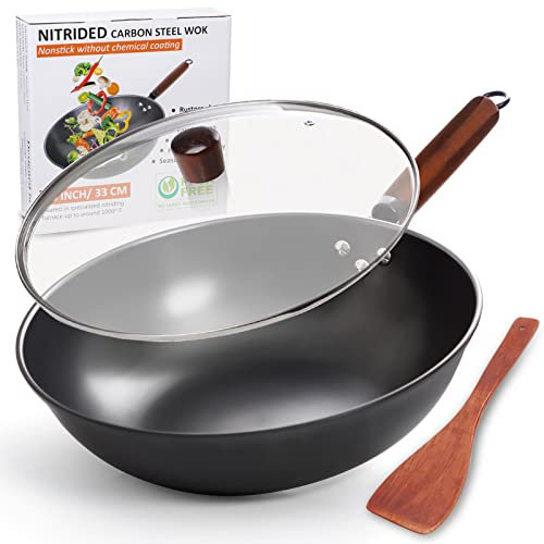diig Wokpfanne mit Deckel, 33cm Wok Pfanne aus Karbonstahl zum Rühren und Braten mit Holzspatel, Wok aus Kohlenstoffstahl, nitrierter Antihaft-Chinesenwok mit flachem Boden für Induktion, WOK13-04